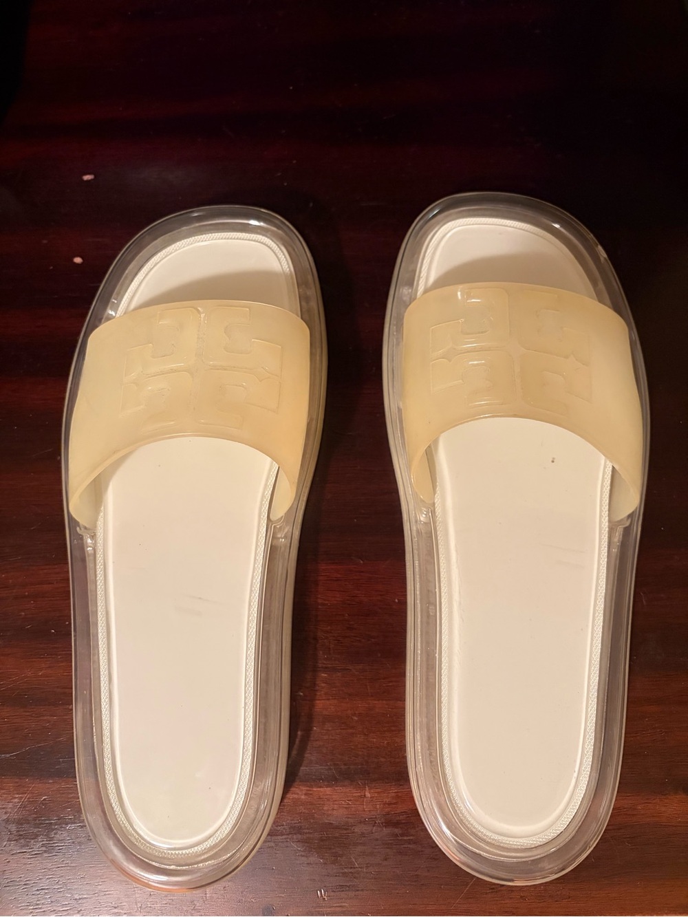 Tory Burch Cream Patent Slide Sandals with Clear Sole